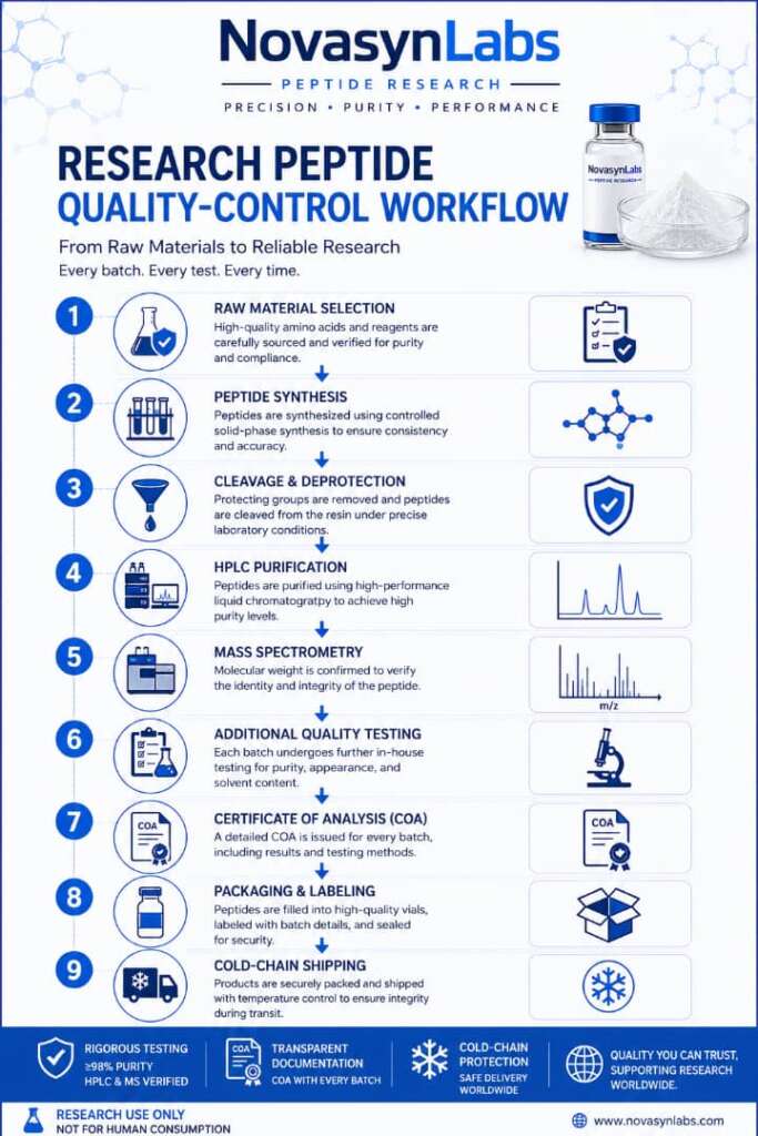 Where to Buy GHK-Cu Raw Powder in Europe (2026): Complete Research Buyer's Guide 5 Research peptide quality-control workflow showing raw material selection, peptide synthesis, HPLC purification, mass spectrometry, Certificate of Analysis, packaging, and cold-chain shipping by NovasynLabs.