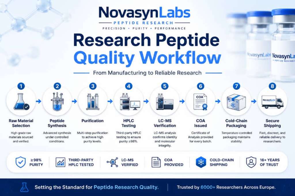 What Is the Best Weight Loss Peptide? The New Contenders in Europe (2026 Research Guide) 5 Infographic showing the research peptide quality workflow from manufacturing through HPLC testing, LC-MS verification, COA issuance, cold-chain shipping, storage, reconstitution, and laboratory research use.