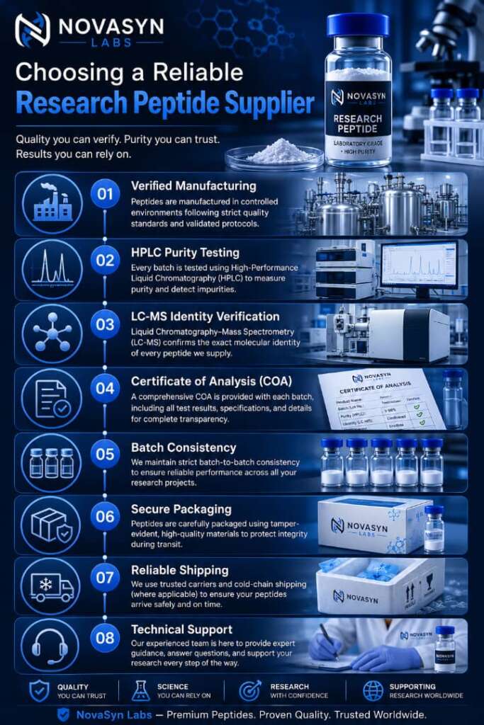 Infographic outlining key criteria for choosing a reliable research peptide supplier, including HPLC testing, LC-MS verification, Certificates of Analysis, batch consistency, secure packaging, and technical support.