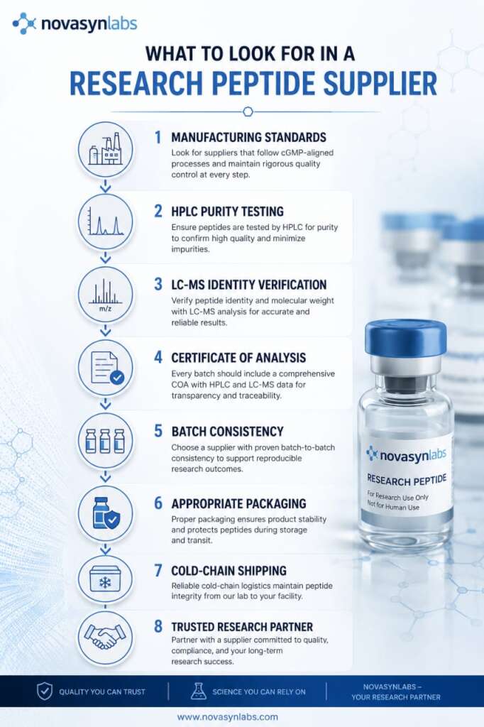 Complete Guide to BPC-157 Research (2026): Origins, Quality, Storage & Experimental Applications 6 Flowchart illustrating the key quality criteria researchers should evaluate when selecting a research peptide supplier.