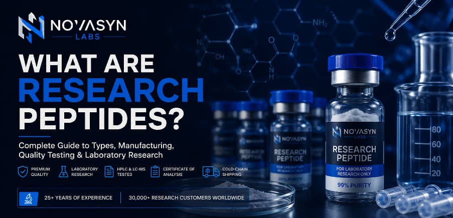 Research peptides laboratory guide hero banner featuring peptide synthesis, HPLC testing, LC-MS verification, laboratory-grade quality control, and NovaSyn Labs branding.