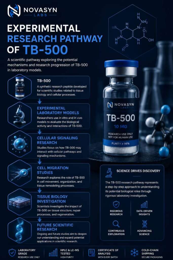 Complete Guide to TB-500 Research (2026): Origins, Quality, Storage & Experimental Aplications 4 Flowchart illustrating the proposed experimental research pathway of TB-500 from laboratory studies to cell migration and tissue biology research.