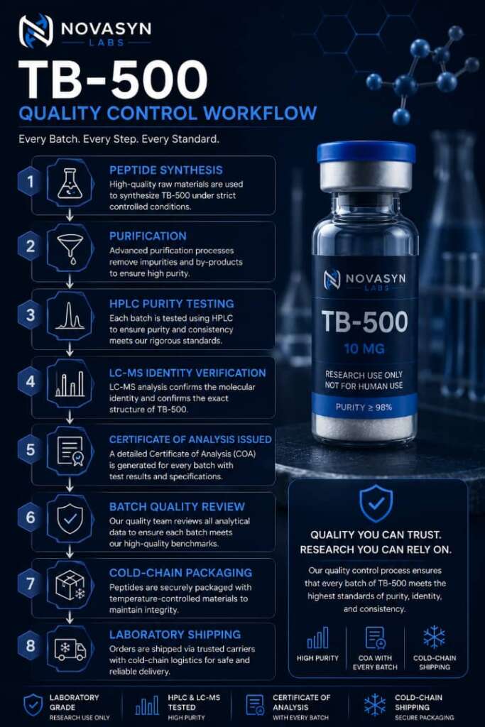 Complete Guide to TB-500 Research (2026): Origins, Quality, Storage & Experimental Aplications 5 Infographic illustrating the TB-500 quality control workflow, including peptide synthesis, purification, HPLC purity testing, LC-MS verification, Certificate of Analysis issuance, batch review, and laboratory shipping.