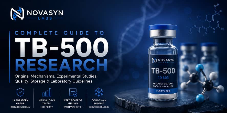 Complete Guide to TB-500 Research (2026): Origins, Quality, Storage & Experimental Aplications 2 Hero banner for the Complete Guide to TB-500 Research featuring NovaSyn Labs branding, laboratory-grade TB-500 peptide, scientific research elements, and a biotechnology laboratory background.