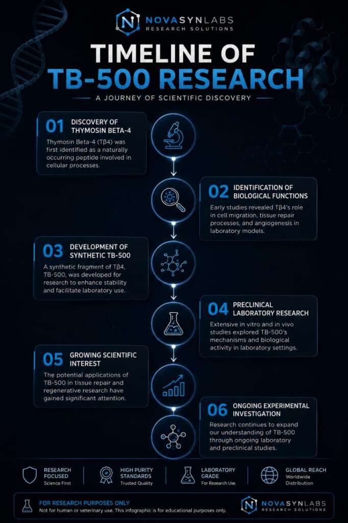 Complete Guide to TB-500 Research (2026): Origins, Quality, Storage & Experimental Aplications 3 Timeline illustrating the discovery of Thymosin Beta-4, the development of TB-500, and the progression of TB-500 research in laboratory studies.