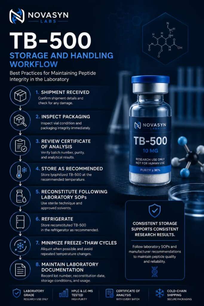 Complete Guide to TB-500 Research (2026): Origins, Quality, Storage & Experimental Aplications 6 Infographic illustrating recommended storage and laboratory handling practices for TB-500, including shipment inspection, Certificate of Analysis review, storage, reconstitution, refrigeration, and laboratory documentation.
