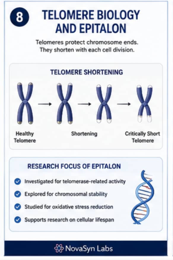 How Do Peptides Influence Cellular Aging Pathways? | Complete Guide (2026) 9 Infographic showing telomere shortening during cell division and summarizing current laboratory research involving Epitalon and telomere biology.