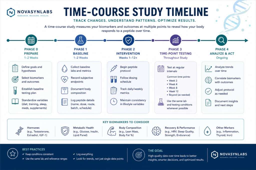 How Do I Track My Peptide Results and Progress? 3 Time-course study timeline infographic illustrating a structured peptide research workflow from baseline measurements through intervention, scheduled biomarker testing, progress tracking, data analysis, and protocol optimization.