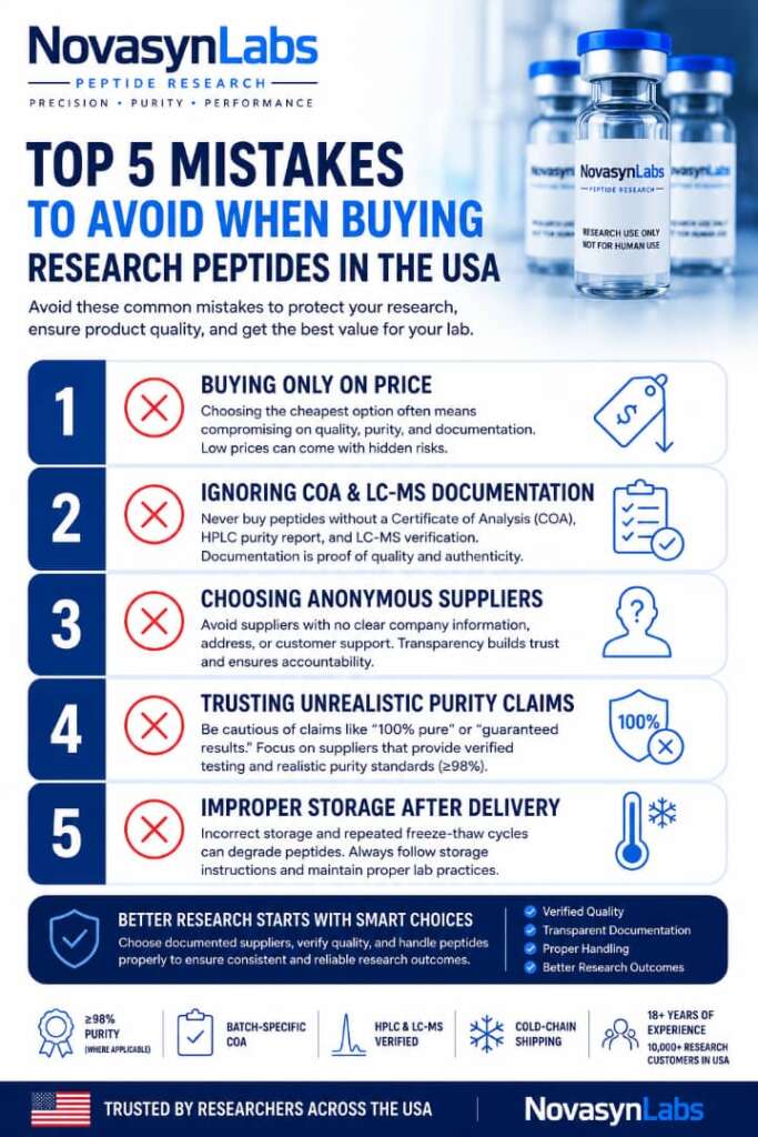 Where Do Researchers Buy Peptides in the USA? Quality Checklist & Expert Tips 6 Infographic illustrating the top 5 mistakes to avoid when trying to order peptides in the USA.