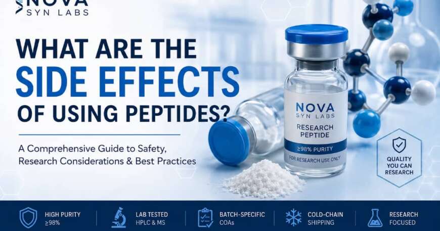 What are the side effects of using peptides? Laboratory research peptide vial illustrating peptide safety, purity and research best practices.