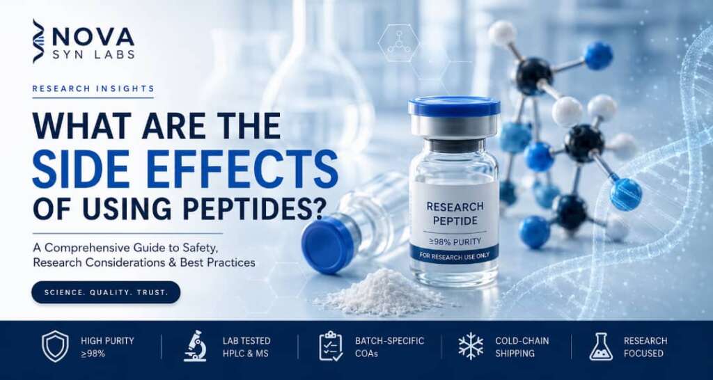 What Are The Side Effects of Using Peptides? 2 Research peptide vial with laboratory background, DNA strand, and molecular model representing peptide safety, purity testing, and scientific research.