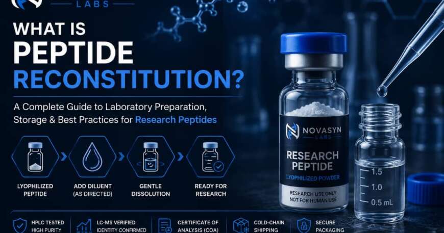 What is peptide reconstitution featured image showing a laboartory-grade lyophilized peptide vial, NovaSyn Labs branding, molecular graphics, and laboratory equipment in a professional biotechnology setting.