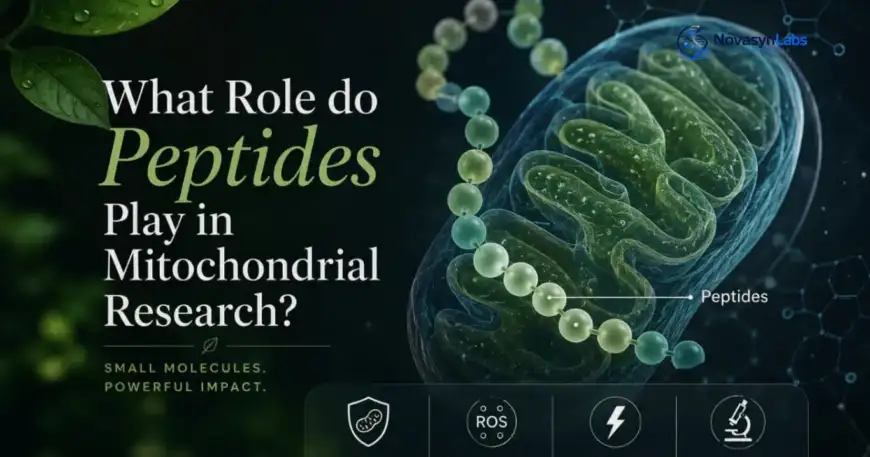 Illustration showing a peptide chain interacting with a mitochondrion, representing the role of research peptides in mitochondrial function, bioenergetics, oxidative stress, and laboratory studies.