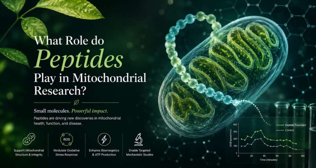 What Role Do Peptides Play in Mitochondrial Research? 2 Website hero banner featuring a peptide molecule surrounding a mitochondrion with scientific graphics illustrating mitochondrial research, cellular biogenetics, oxidative stress, and peptide-based laboratory investigations.