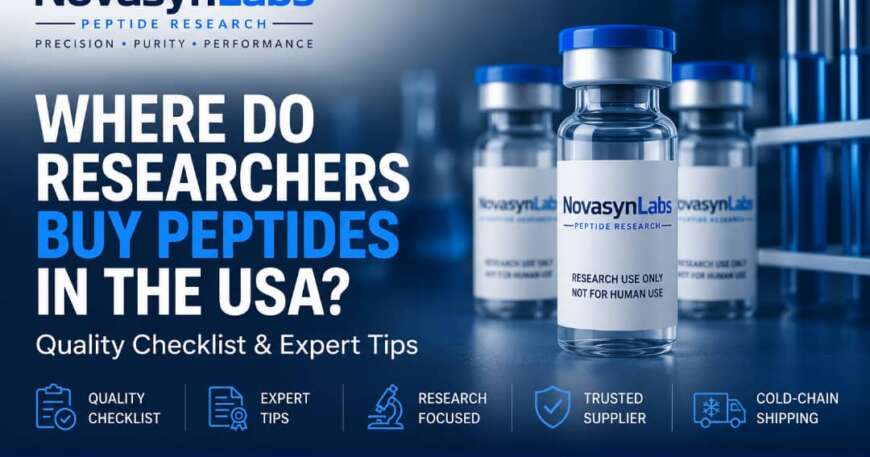 Where do researchers buy peptides in the USA? NovasynLabs featured image highlighting high-purity research peptides, quality checklist, expert buying tips, COA documentation, LC-MS verification, and cold-chain shipping.