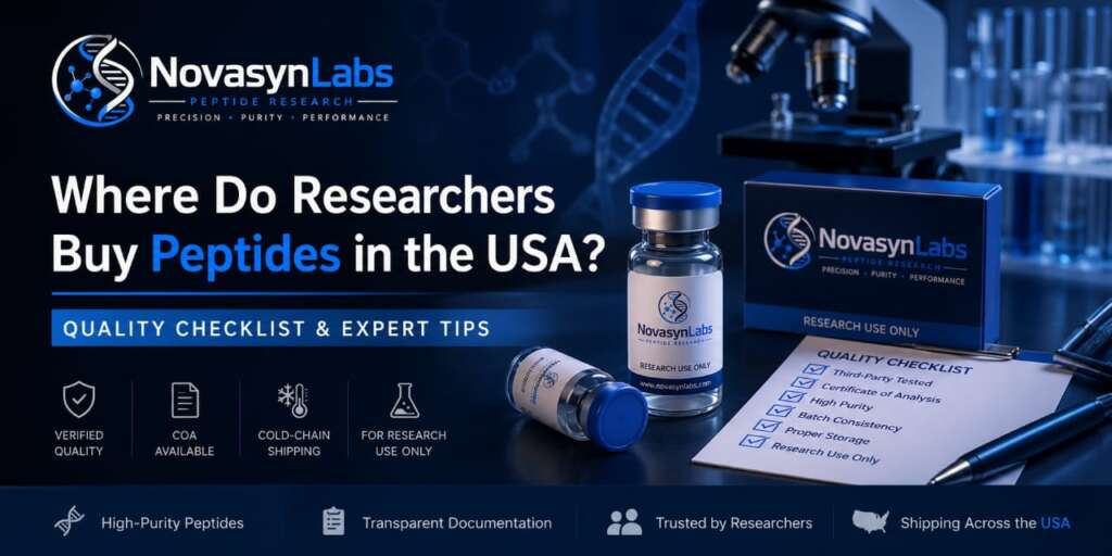 Where Do Researchers Buy Peptides in the USA? Quality Checklist & Expert Tips 2 NovaSynLabs hero banner showing laboratory peptide research, quality checklist, Certificate of Analysis (COA), peptide vial, and laboratory equipment for the article "Where Do Researchers Buy Peptides in the USA? Quality Checklist & Tips.