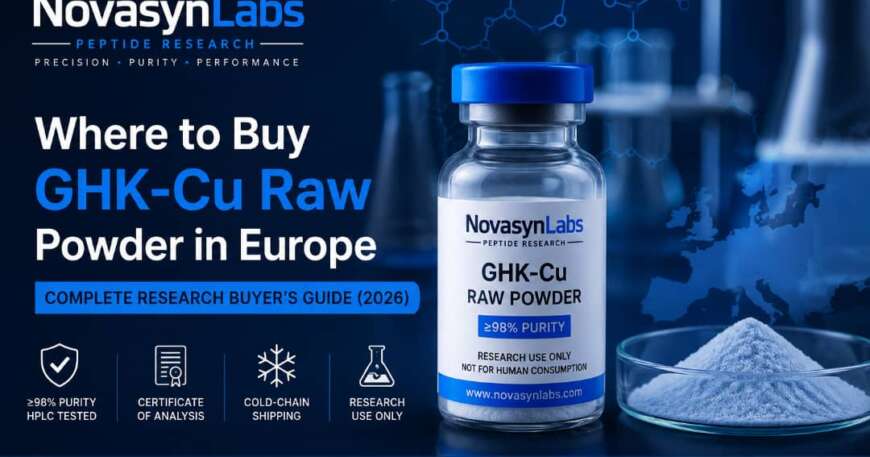 Where to buy GHK-Cu raw powder in Europe featuring NovasynLabs research-grade peptide with ≥98% purity, Certificate of Analysis, HPLC testing, and cold-chain shipping.