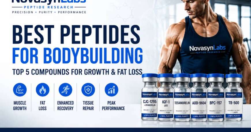 Best peptides for bodybuilding featured image showing NovaSynLabs research peptide vials including CJC-1295, IGF-1 LR3, Tesamorelin, AOD-9604, BPC-157, and TB-500 for muscle growth, recovery, and fat loss research.