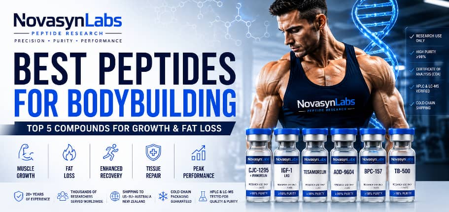 Best Peptides for Bodybuilding: Top 5 Compounds for Growth & Fat Loss (2026 Guide) 2 Best peptides for bodybuilding hero banner featuring NovaSynLabs branding, research peptide vials, muscle growth, fat loss, recovery, HPLC & LC-MS verification, and Certificate of Analysis (COA).