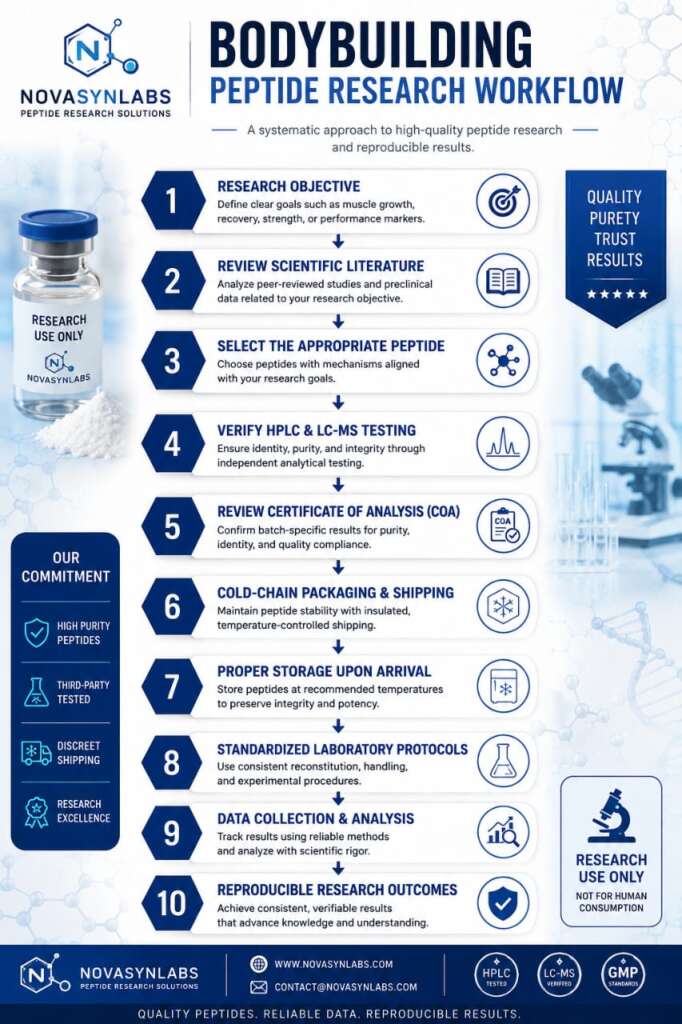 Best Peptides for Bodybuilding: Top 5 Compounds for Growth & Fat Loss (2026 Guide) 3 Bodybuilding peptide research workflow infographic showing the complete process from defining a research objective and reviewing scientific literature to peptide selection, HPLC & LC-MS verification, COA review, cold-chain shipping, proper storage, standardized laboratory protocols, data analysis, and reproducible research outcomes.