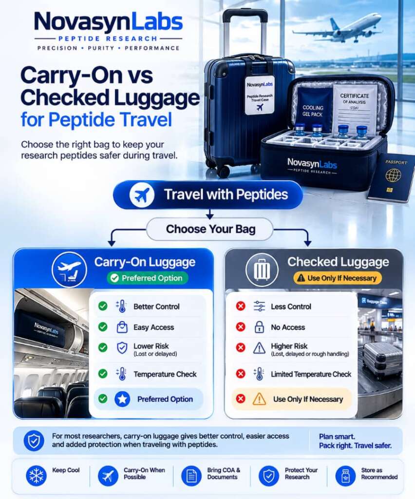 How to Travel with Peptides: The Ultimate 2026 Guide to Packing, Cooling & Flying Safely 4 Carry-On vs Checked Luggage for Peptide Travel infographic by NovaSyn Labs comparing carry-on and checked baggage for transporting research peptides, highlighting better temperature control, easier access, lower handling risk, and preferred travel practices.