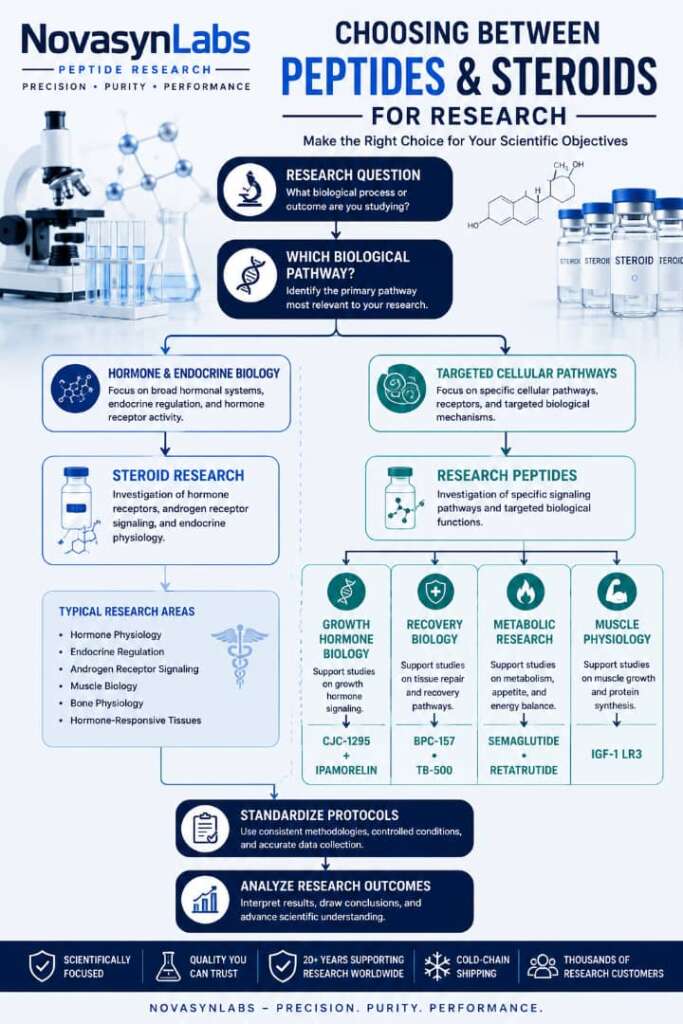 Peptides Vs Steroids: What's the Difference? (2026 Guide) 5 Choosing between peptides and steroids for research infographic showing research pathways for hormone biology, growth hormone research, recovery biology, metabolism, and muscle physiology.