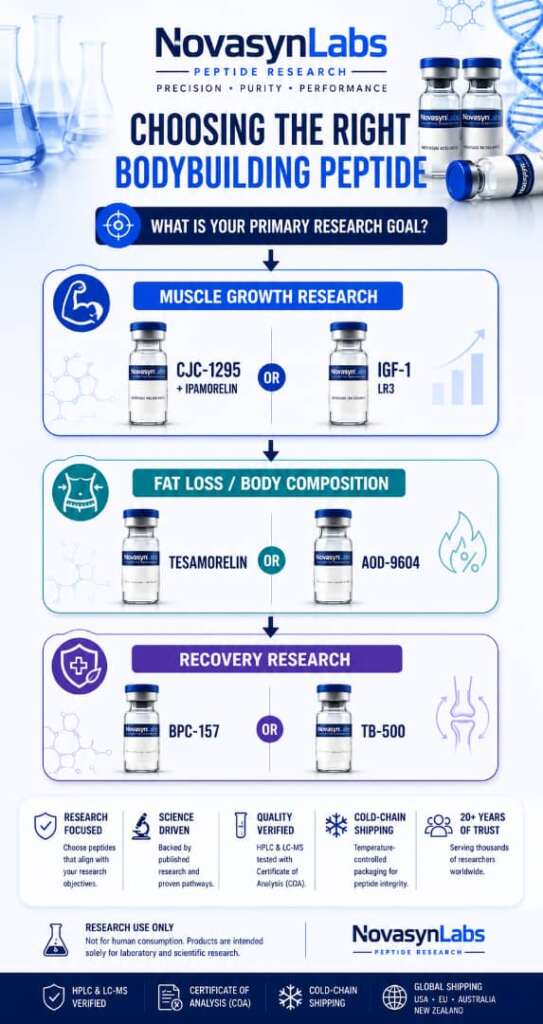 Best Peptides for Bodybuilding: Top 5 Compounds for Growth & Fat Loss (2026 Guide) 4 Choosing the right bodybuilding peptide infographic comparing CJC-1295 + Ipamorelin, IGF-1 LR3, Tesamorelin, AOD-9604, BPC-157, and TB-500 based on muscle growth, fat loss, body composition, and recovery research objectives.
