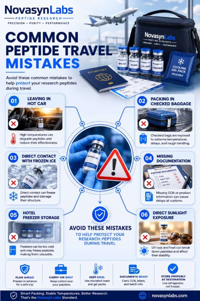 How to Travel with Peptides: The Ultimate 2026 Guide to Packing, Cooling & Flying Safely 7 Common peptide travel mistakes infographic by NovaSyn Labs showing the most frequent peptide transportation errors, including leaving peptides in a hot car, packing in checked baggage, placing vials directly on frozen ice, missing documentation, storing near hotel freezer vents, and exposing peptides to direct sunlight.