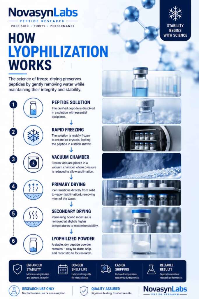 Why Are Peptides Lyophilized? The Science Behind Freeze-Drying Research Compounds (2026 Guide) 3 How lyophilization works for research peptides, showing peptide solution, rapid freezing, vacuum drying, sublimation, secondary drying, and lyophilized powder