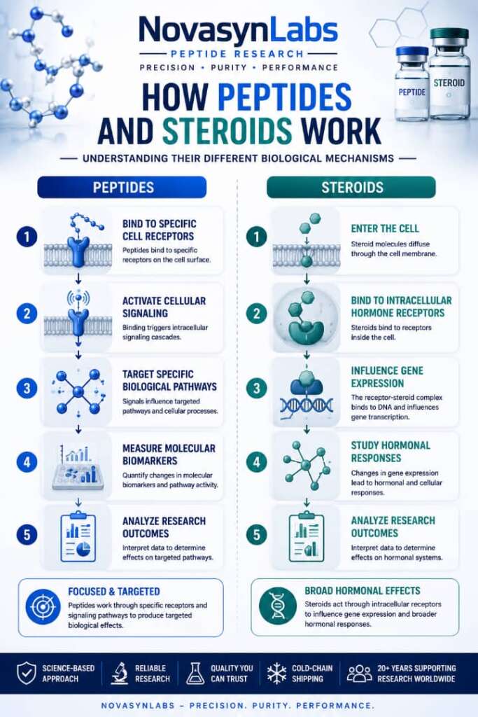 Peptides Vs Steroids: What's the Difference? (2026 Guide) 4 How peptides and steroids work infographic comparing peptide receptor binding, cellular signaling, steroid hormone receptor interactions, gene expression, and biological research mechanisms.