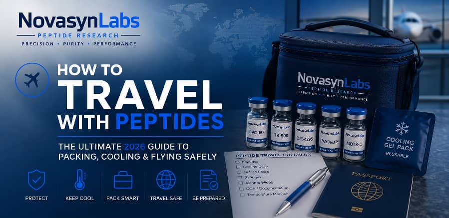 How to Travel with Peptides: The Ultimate 2026 Guide to Packing, Cooling & Flying Safely 2 NovaSyn Labs hero banner for how to travel with peptides featuring an insulated travel cooler, peptide vials, cooling gel pack, airport background, and peptide travel checklist.