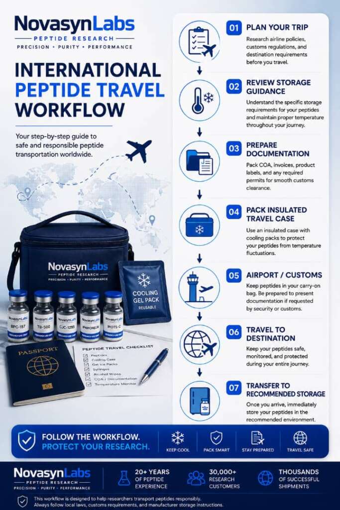 How to Travel with Peptides: The Ultimate 2026 Guide to Packing, Cooling & Flying Safely 6 International peptide travel workflow infographic by NovaSyn Labs showing how to safely transport research peptides with trip planning, storage guidance, documentation, insulated travel cases, airport customs preparation, and recommended storage upon arrival.