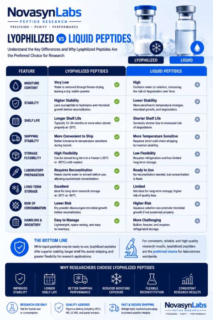 Why Are Peptides Lyophilized? The Science Behind Freeze-Drying Research Compounds (2026 Guide) 5 Lyophilized vs liquid peptides comparison showing differences in moisture, stability, shelf life, shipping, storage, preparation, and laboratory handling.