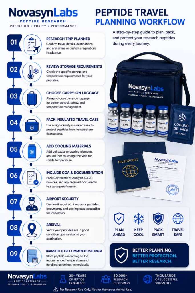How to Travel with Peptides: The Ultimate 2026 Guide to Packing, Cooling & Flying Safely 3 Peptide Travel Planning Workflow infographic by NovaSyn Labs showing the complete process for safely transporting research peptides, from planning a research trip and reviewing storage requirements to packing an insulated travel case, adding cooling materials, carrying Certificates of Analysis (COA), passing airport security, and transferring peptides to recommended storage upon arrival.