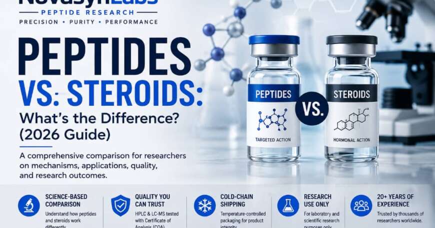 Professional featured image comparing peptides vs. steroids for scientific research, highlighting molecular differences, laboratory research, and research peptide quality by NovaSynLabs.