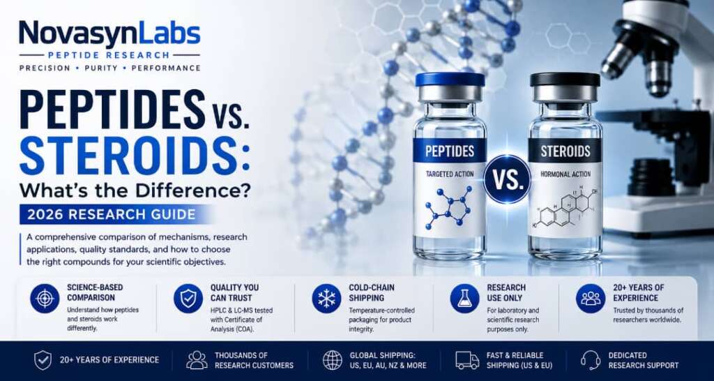Peptides Vs Steroids: What's the Difference? (2026 Guide) 2 Hero banner for the Peptides vs. Steroids Complete 2026 Research Guide featuring research peptide and steroid comparison, laboratory imagery, molecular graphics, HPLC and LC-MS quality verification, and NovaSynLabs branding.