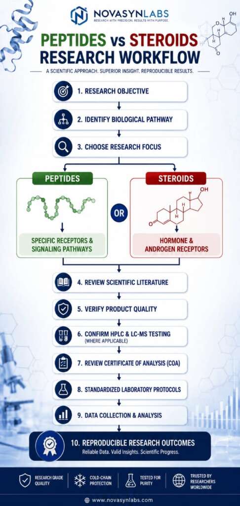 Peptides Vs Steroids: What's the Difference? (2026 Guide) 3 Peptides vs steroids research workflow infographic showing how researchers identify biological pathways, verify HPLC and LC-MS testing, review Certificates of Analysis, and follow standardized laboratory protocols.