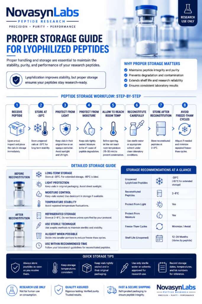 Why Are Peptides Lyophilized? The Science Behind Freeze-Drying Research Compounds (2026 Guide) 4 Proper storage guide for lyophilized peptides showing freezing, light and moisture protection, reconstitution, refrigerated storage, and avoiding freeze-thaw cycles.