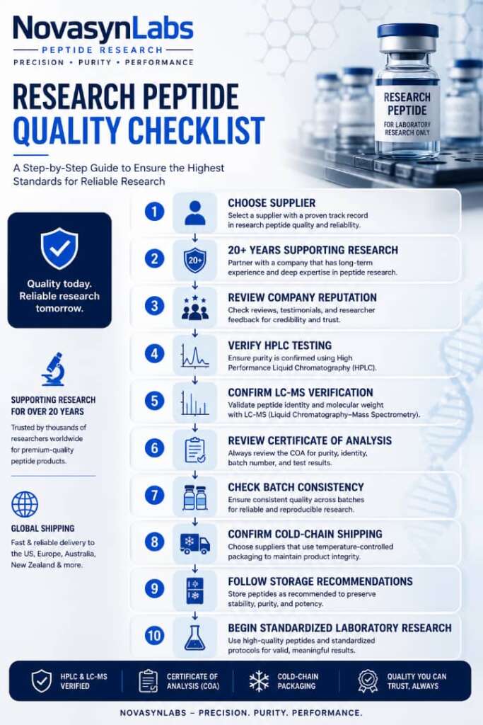 Peptides Vs Steroids: What's the Difference? (2026 Guide) 6 Research peptide quality checklist infographic covering supplier selection, company reputation, HPLC testing, LC-MS verification, Certificate of Analysis, batch consistency, cold-chain shipping, storage recommendations, and standardized laboratory research.