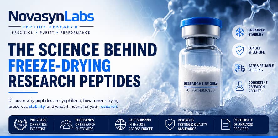 Why Are Peptides Lyophilized? The Science Behind Freeze-Drying Research Compounds (2026 Guide) 2 Hero banner explaining the science behind freeze-drying research peptides with a lyophilized peptide vial, molecular background, stability icons, and NovaSynLabs branding.