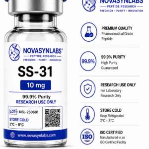 SS-31 10 mg research peptide vial by NovasynLabs for mitochondrial laboratory research.