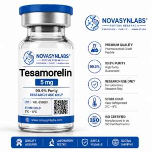 Tesamorelin 5 mg laboratory research peptide vial by NovasynLabs with HPLC and LC-MS verified quality