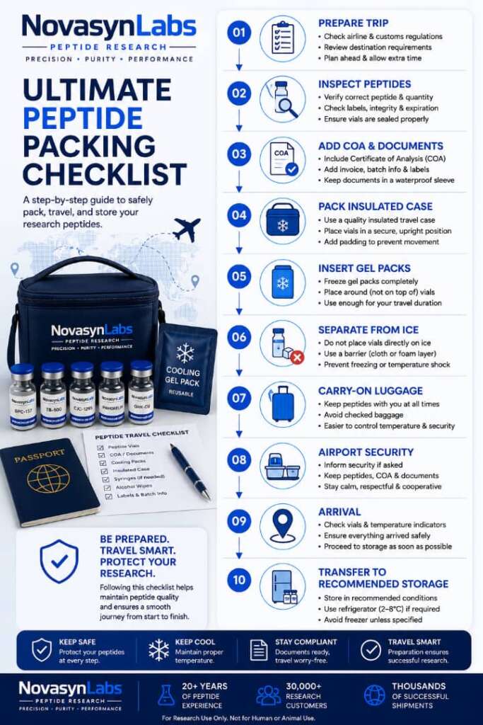 How to Travel with Peptides: The Ultimate 2026 Guide to Packing, Cooling & Flying Safely 5 Ultimate peptide packing checklist infographic by NovaSyn Labs featuring the complete peptide travel preparation process including inspecting peptide vials, Certificates of Analysis (COA), insulated travel case, gel packs, carry-on luggage, airport security, and recommended storage after arrival.