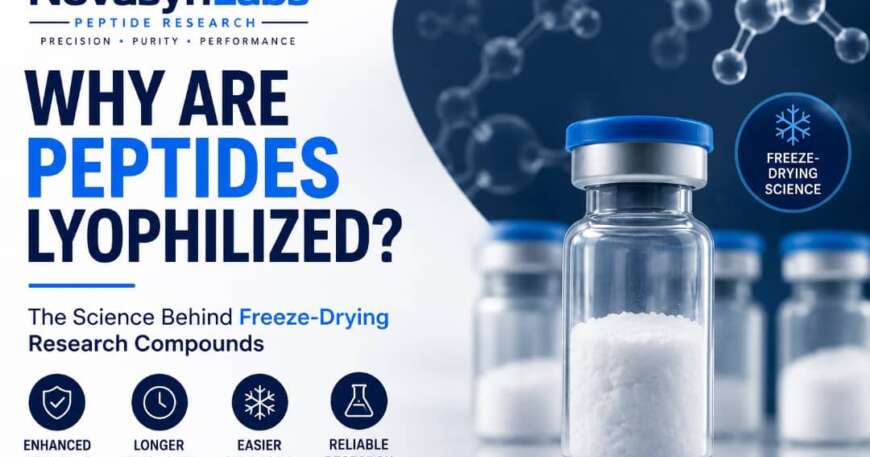 Why are peptides lyophilized? Professional illustration showing a lyophilized research peptide vial with freeze-drying science graphics and NovaSynLabs branding.