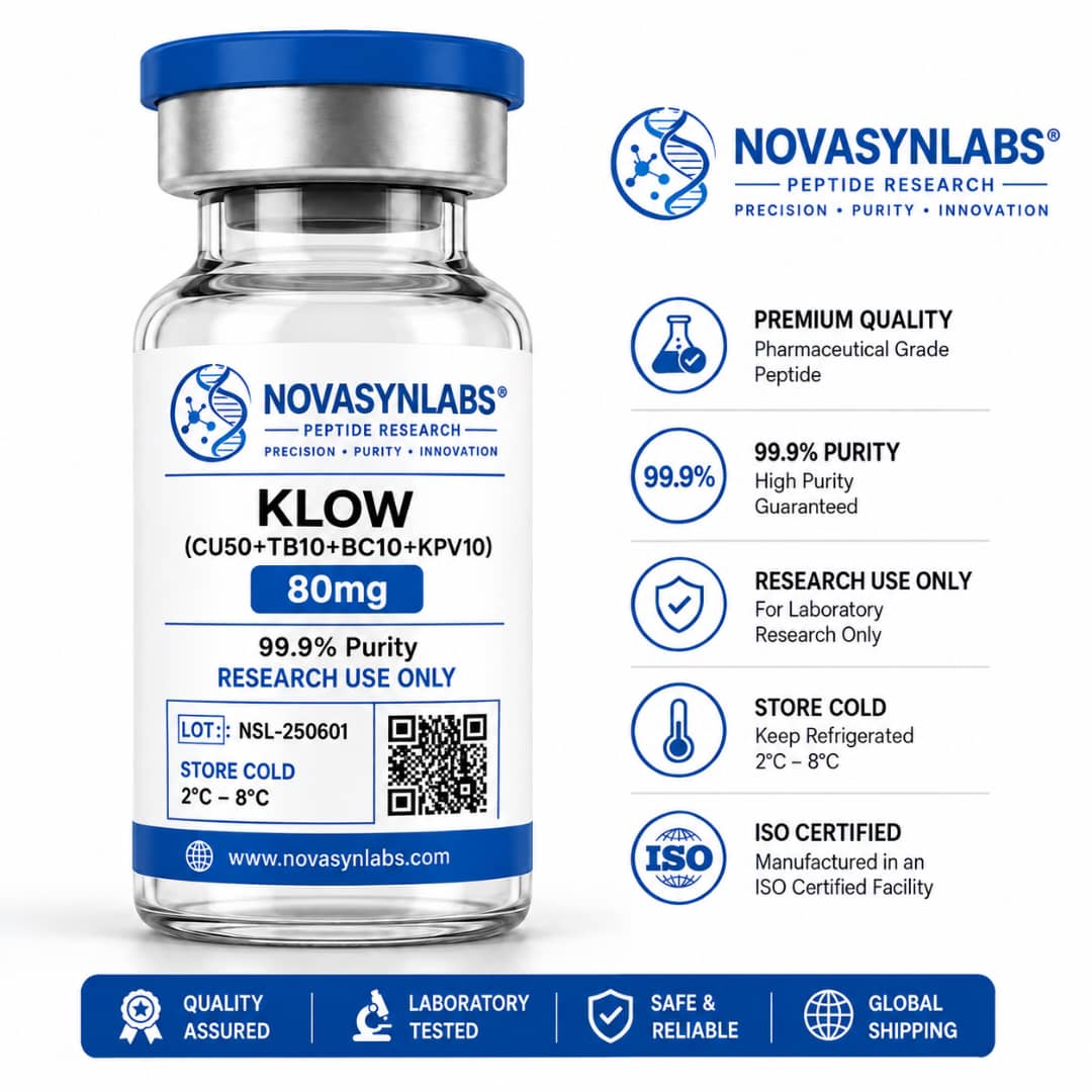 KLOW 80mg Peptide Blend | GHK-Cu, BPC-157, TB-500 & KPV 1 NovasynLabs KLOW peptide blend 80mg research vial